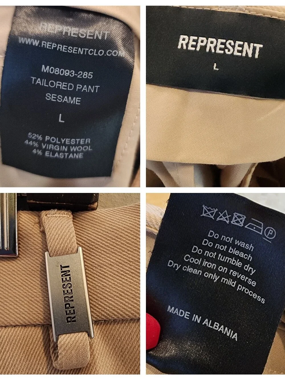 Represent Pants Wool Blend Tailored Beige Sesame Ankle Zip Men's Size Large